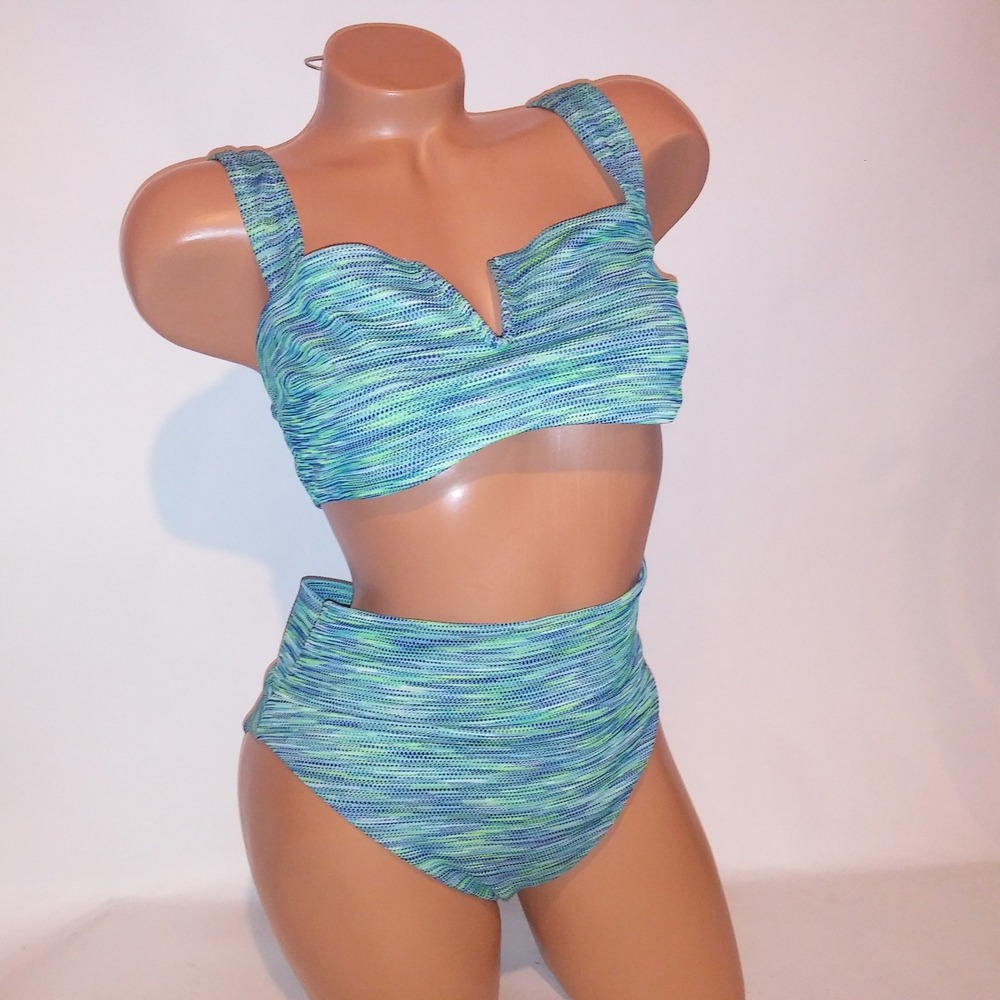 Aerie Swim Bikini Large Top & Bottom Blue Green Textured Bandeau High Cut Cheeky